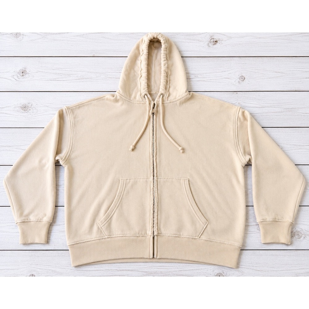 American Eagle Zip Up Hoodie Raw Hem Boxy Oversized Cream Beige XS/S